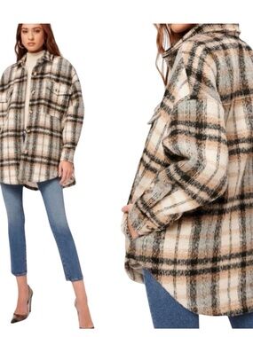 Good American Plaid Teddy Shacket in Cream, Tan & Black
